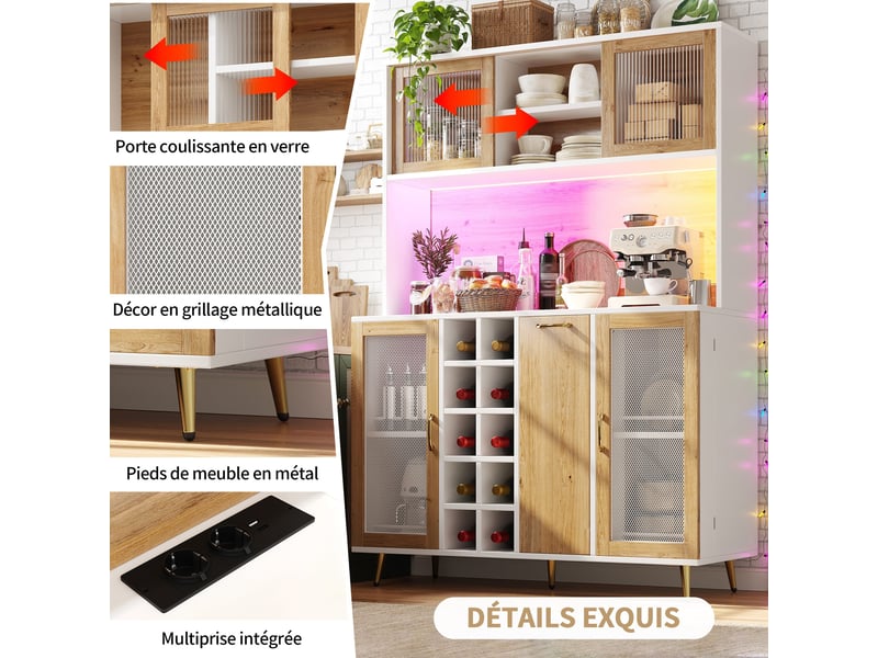  Buffet de cuisine blanc effet bois 120x40x180 cm, meuble de rangement avec led, prise intégrée, casier à vin, 5 portes  - Conforama D