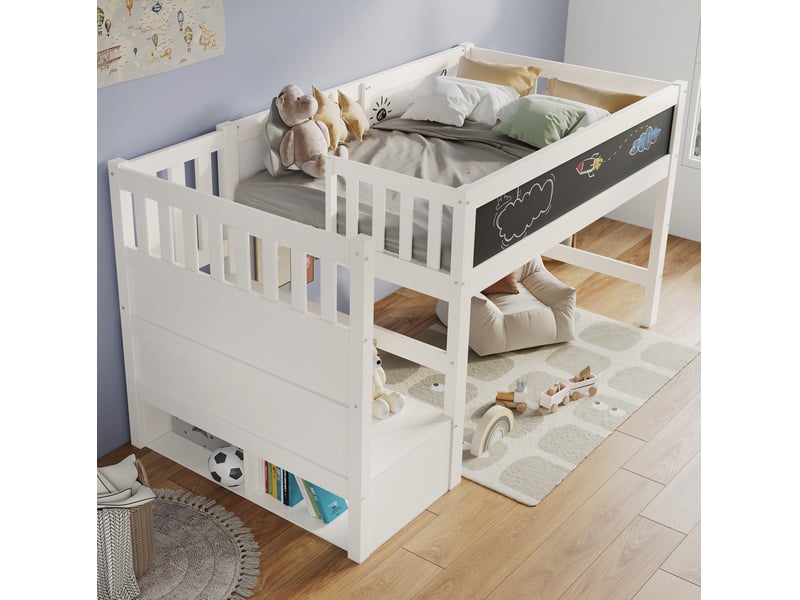  Lit mezzanine enfant 90x200 cm avec rangements et tableau, blanc  - Conforama D