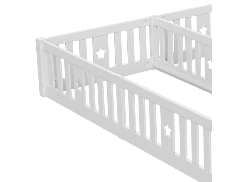  Lit double au sol avec barrières de protection 142x200 cm (90x200cm par couchage) - bois massif blanc - style montessori sans sommier à lattes  - Conforama A