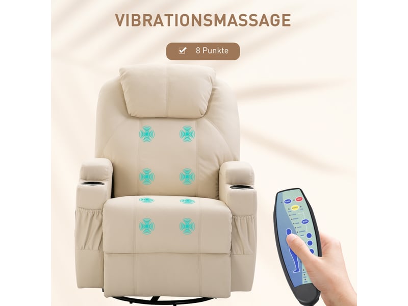 Fauteuil relax inclinable avec massage électrique 5 modes, pivotant, porte-gobelets, en cuir crème - Conforama E
