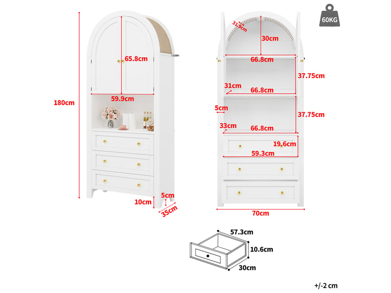  Vaisselier haut blanc 70 x 35 x 180 cm avec 3 tiroirs, portes et niche ouverte  - Conforama C