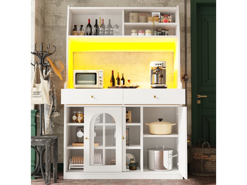  Vaisselier blanc avec éclairage led et portes en verre, buffet de cuisine haut 120x40x180 cm  - Conforama E