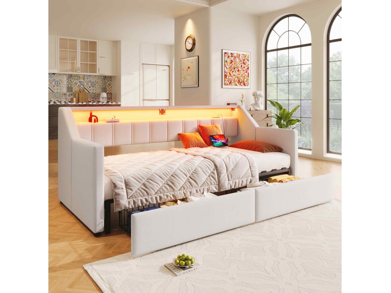 Lit enfant gigogne extensible 90 x 200cm 2 tiroirs usb type‑c led multicolore lin, mdf, beige sans matelas - Conforama W