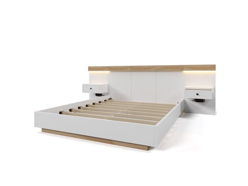Lit double,180x200 cm,avec 2 tables de nuit ledusb c tiroirs,bois,blanc et chêne - Conforama A