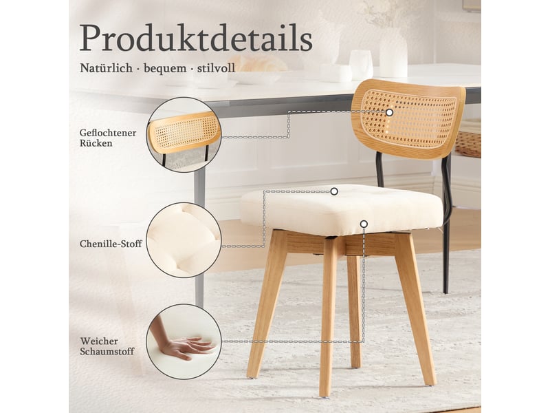 Chaise pivotante 360° lot de 2, chaises de cuisine style mid-century moderne, dossier tressé et assise rembourrée beige chenille - Conforama E