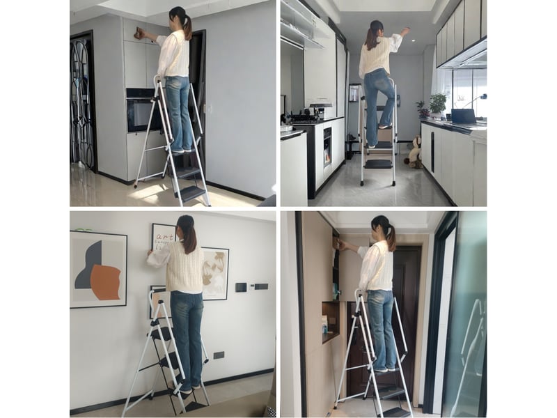  Escabeau 5 marches en acier pliable, marches larges antidérapantes, poignée de sécurité, léger et facile à transporter, jusqu’à 150 kg, blanc  - Conforama B