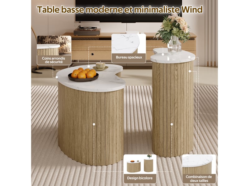  Table basse gigogne asymétrique, table basse marbre et bois mdf, table de salon scandinave bicolore, charge 30kg  - Conforama W