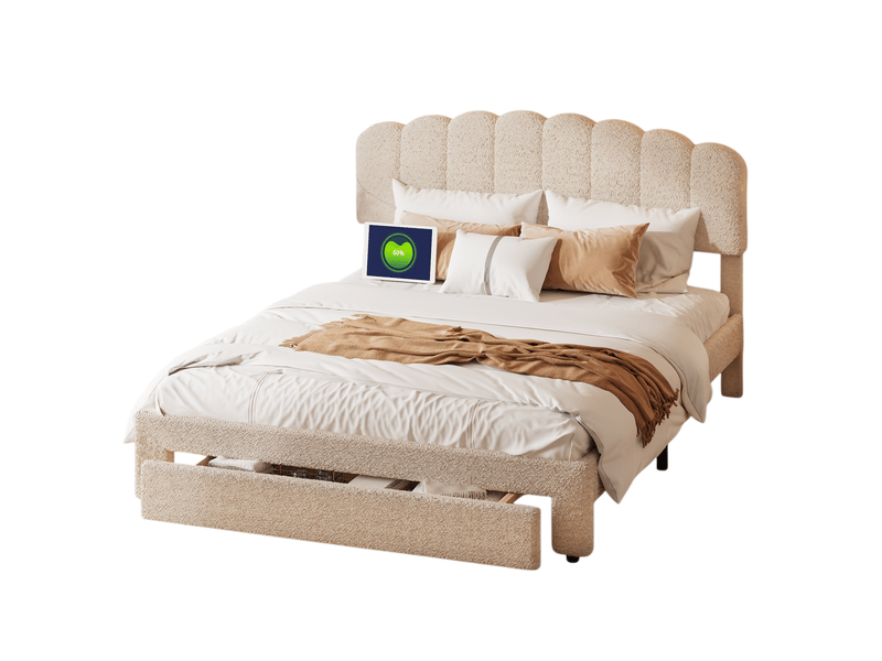 Lit rembourré 140 x 200 cm, tête de lit réglable avec port usb et tiroirs de rangement, beige,velours teddy,sans matelas - Conforama A