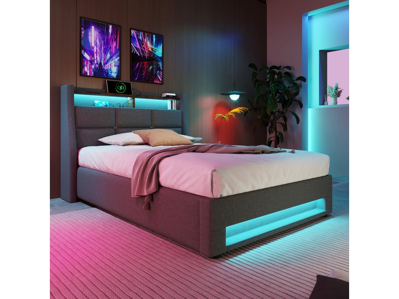  Lit enfant 90x200 cm avec usb et led, lit simple avec matelas, cadre de lit adulte avec tête de lit en lin, gris  - Conforama C