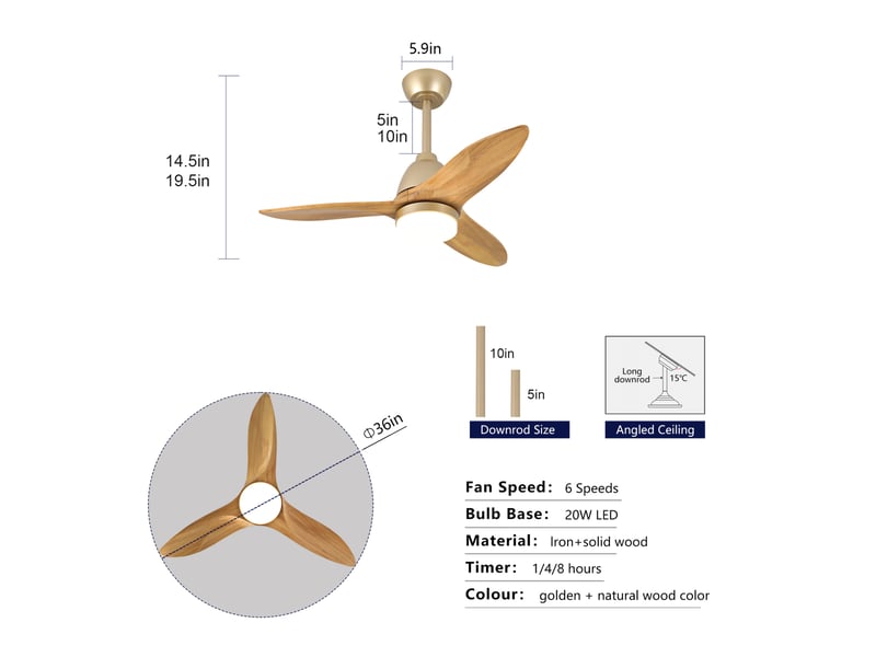 Ventilateur de plafond moderne 36 pouces en bois naturel avec led dimmable 3 teintes, pales massives en érable, commande séparée, moteur dc réversible et mémoire, finition élégante pour une déco intérieure contem… ORFRW5766P470012 - Conforama C