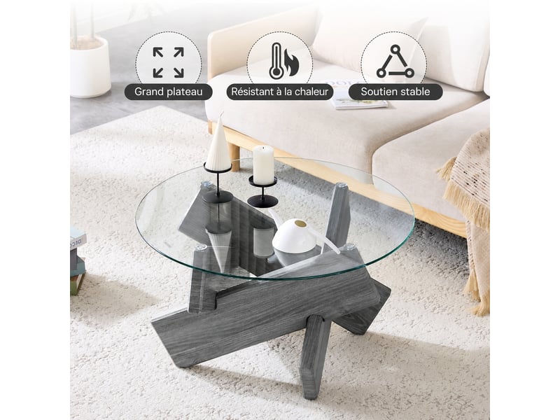  Table basse ronde en verre trempé, diamètre de 79 cm, pieds croisés en mdf gris  - Conforama R
