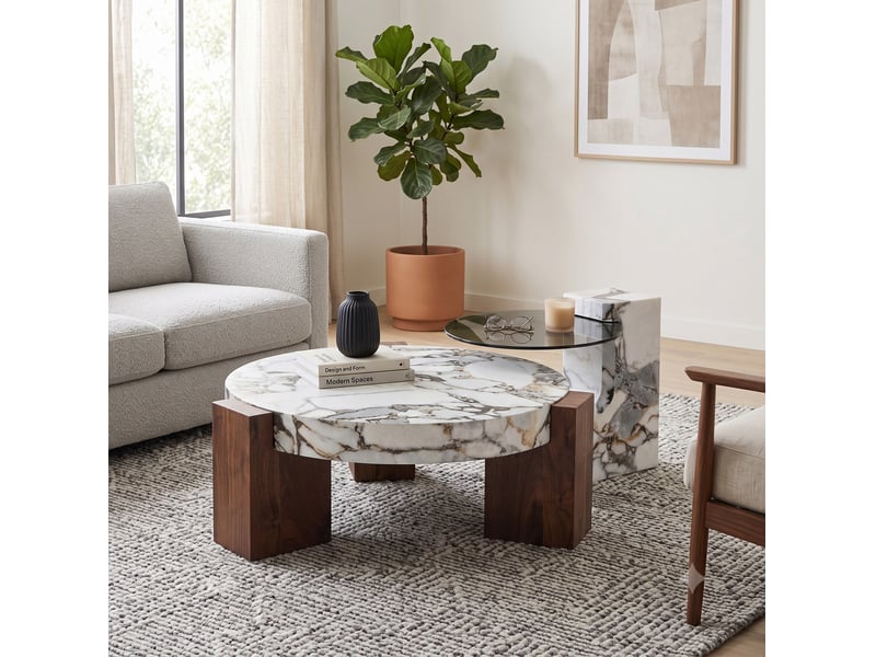 Table basse ronde avec table d'appoint séparable, plateaux effet marbre et verre gris, pour salon, en mdf blanc - Conforama B