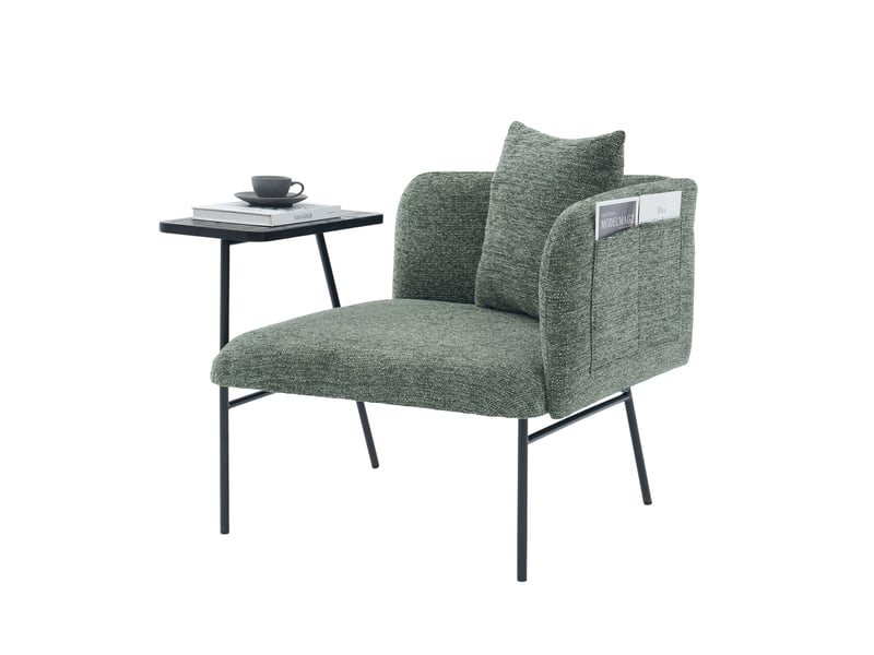  Fauteuil avec table d’appoint 64x67x71 cm, pieds métalliques, rangement latéral, pour salon, bureau, chenille vert émeraude  - Conforama A