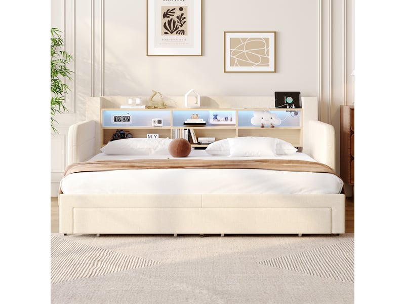  Canapé-lit 90 x 200 cm - avec lit gigogne - avec éclairage led - avec 2 tiroirs - tissu velours - beige (matelas non inclus)  - Conforama D