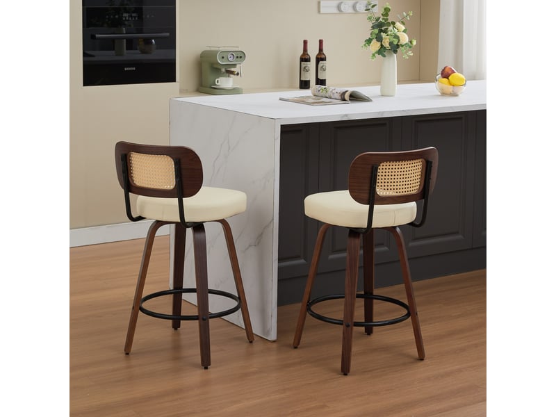  Lot de 2 tabourets de bar pivotants 360° assise rembourrée beige dossier cannage noyer  - Conforama C