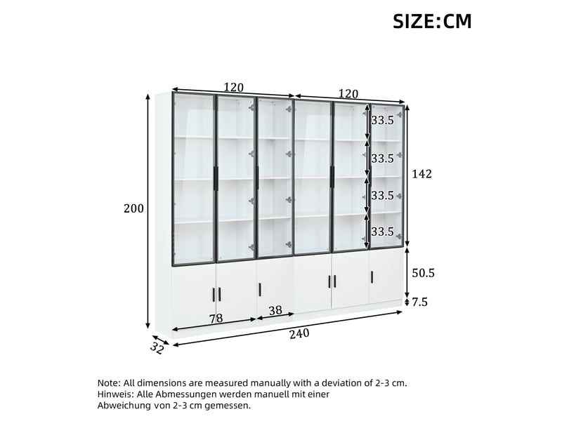  Vitrine haute 240x32x200 cm, 12 portes en verre, led par application, fermeture douce, mdf blanc  - Conforama C