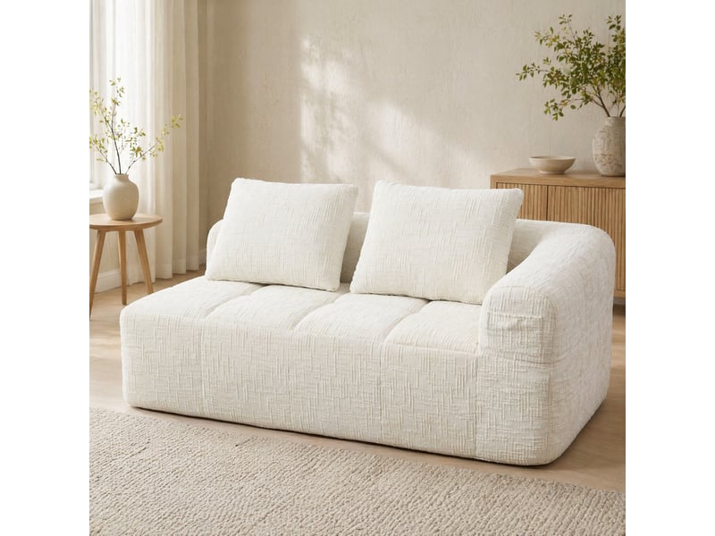 Canapé 2 places chaise longue avec coussin, poches latérales et assise confortable en chenille beige - Conforama B