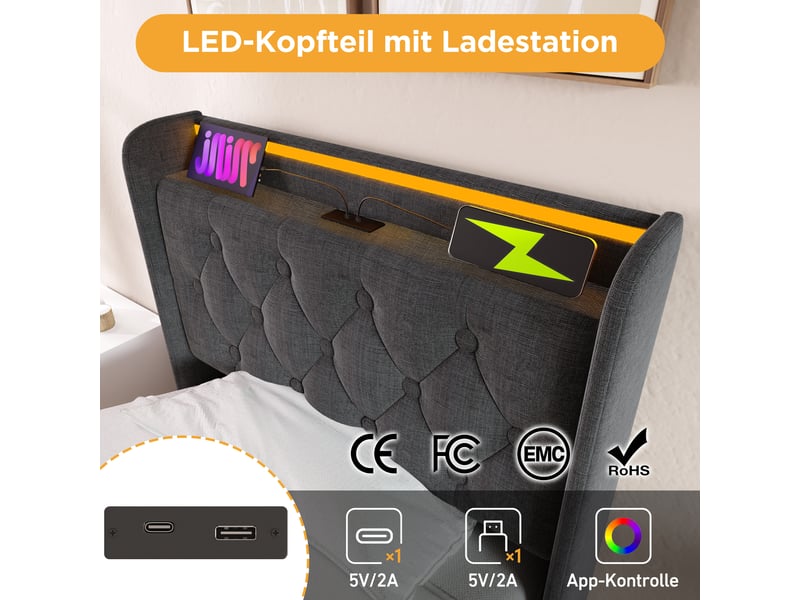  Lit 1 personne 90x200 cm avec led et usb, cadre de lit avec matelas et tête de lit en lin, gris, lit simple  - Conforama E