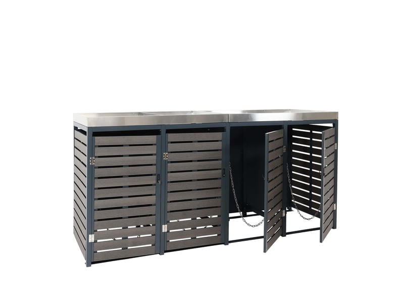  Cache poubelles 4 bacs avec jardinière intégrée et système basculant 124x265x84 cm wpc anthracite acier inoxydable 04_0007558  - Conforama A