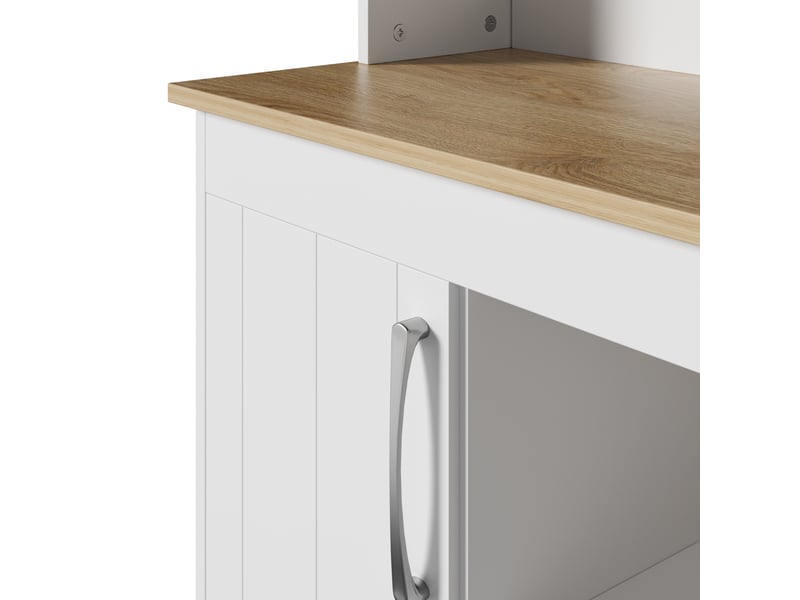  Buffet de cuisine 175cm, meuble vaisselier avec portes vitrées et étagère à vin, rangement cuisine blanc et bois naturel  - Conforama D