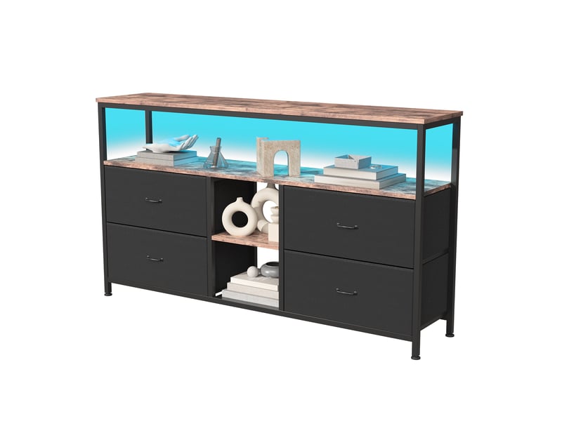  Meuble tv led 108x30x78cm - multifonctionnel - 4 tiroirs en tissu noir et étagères ouvertes - combinaison rétro et modernes  - Conforama A