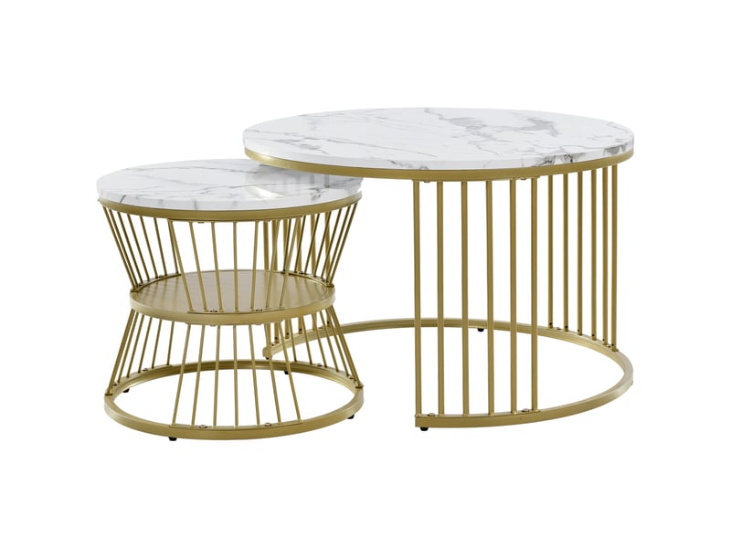 Lot de 2 tables basses gigognes ronde – 70 x 70 x 45.5 cm – double niveau & pieds métal – marbre- blanc et doré - Conforama A