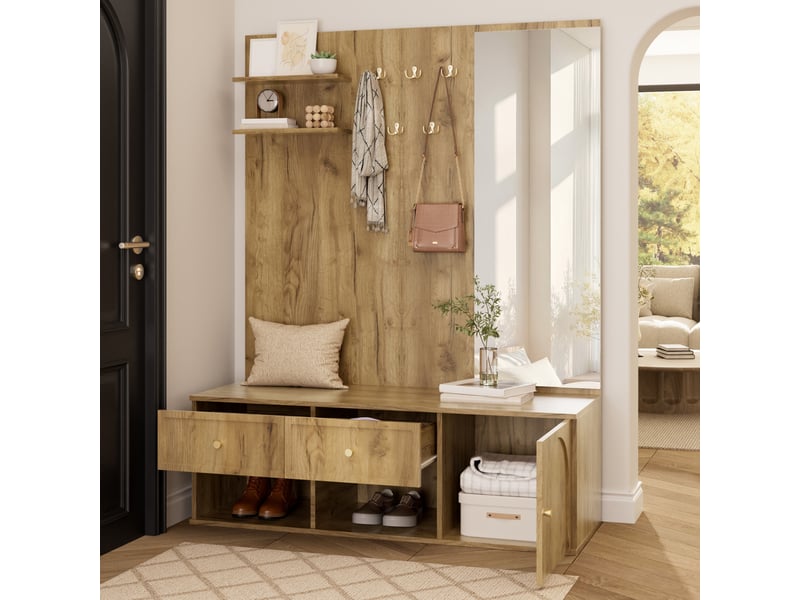  Vestiaire d'entrée complet avec banc à chaussures, miroir et portemanteau mural 5 crochets, aspect bois 120cm  - Conforama W