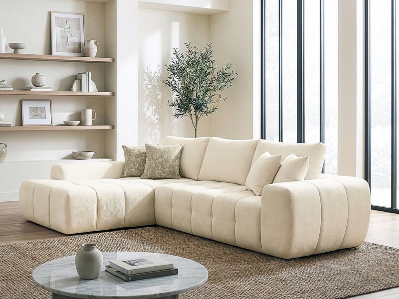 Canapé d'angle gauche en tissu style bubble sidonie - 4 places - beige - Conforama D