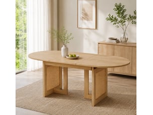 Table à manger extensible 150-200 x 90 cm, coins arrondis, pieds en rotin, chêne