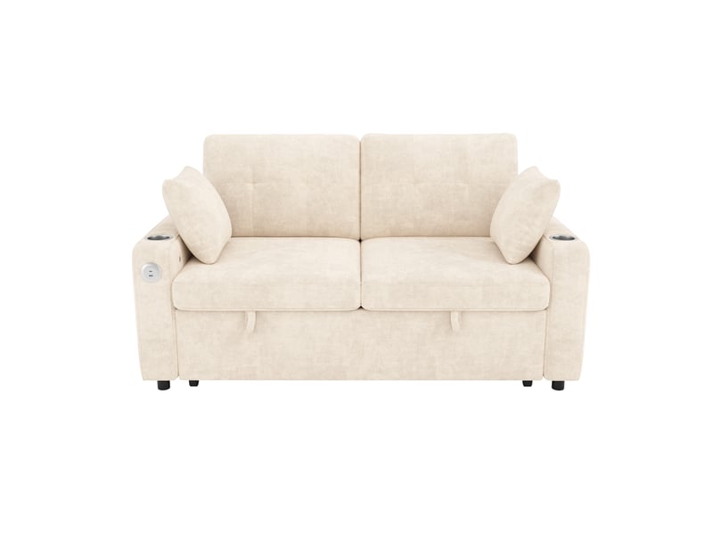  Canapé convertible 2 places beige en chenille avec port usb et type-c  - Conforama A