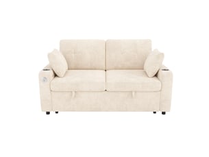 Canapé convertible 2 places beige en chenille avec port usb et type-c