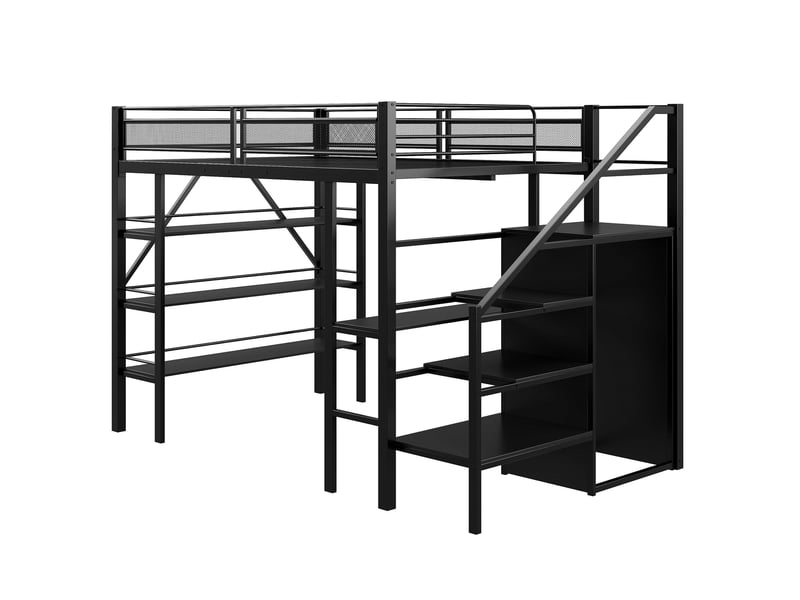  Lit mezzanine 140x200 cm - bureau intégré - armoire et étagères à 3 niveaux - escalier avec rangements - métal - noir  - Conforama W