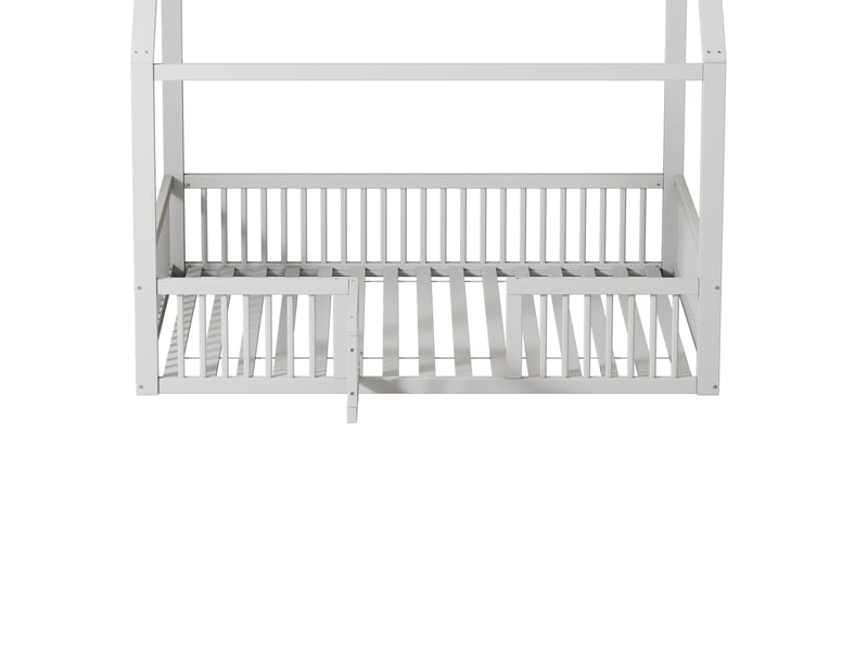 Lit cabane enfant 200×140 cm avec barrières de protection et portillon, en pin et mdf blanc - Conforama E
