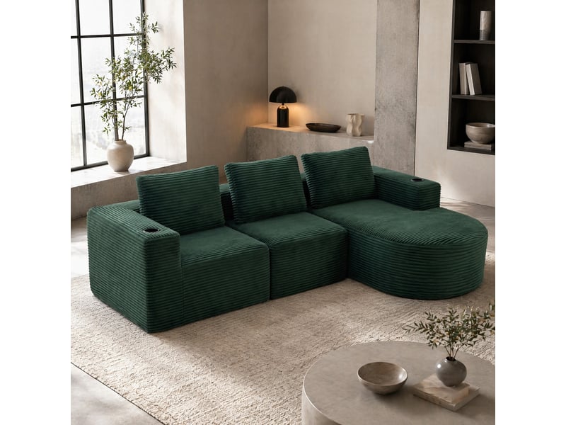 Canapé droit 2 places avec porte-gobelets - 3 coussins, double mousse polyester vert rétro 265 × 176 × 60 cm - Conforama C