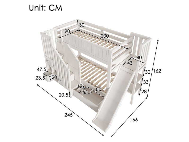  Lit superposé enfant 90 x 200 cm toboggan intégré meuble-échelle intégré grands tiroirs étagère ouverte finition blanche sécurité conforme en 747-1 2024  - Conforama C