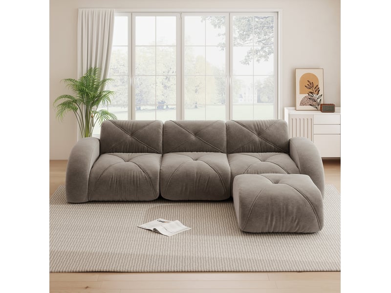Canapé modulaire 3 places ulevr avec pouf, sans montage, tissu chenille taupe, 281 x 171 x 76 cm, dessous antidérapant - Conforama D