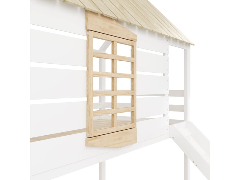 Lit superposé 90x200 avec toboggan et lit escamotable, blanc et naturel, en pin et mdf - Conforama D