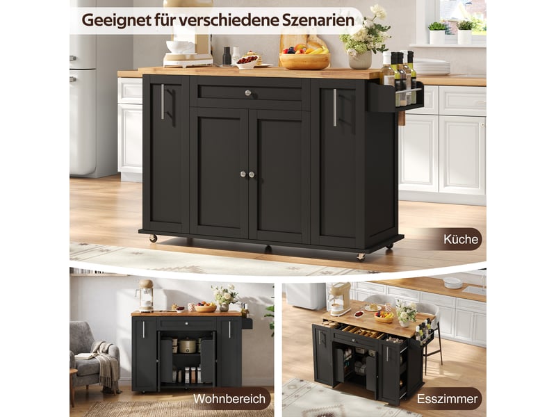  Îlot de cuisine mobile noir et bois naturel en mdf, 3 tiroirs verticaux, roulettes verrouillables, 120 × 45 (70) × 87 cm  - Conforama E