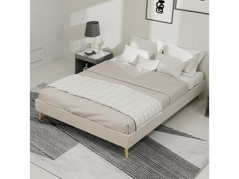  Lit 140x200 cm velours hollandais beige, structure basse, sans sommier ni mécanisme ni tête de lit ni matelas  - Conforama B
