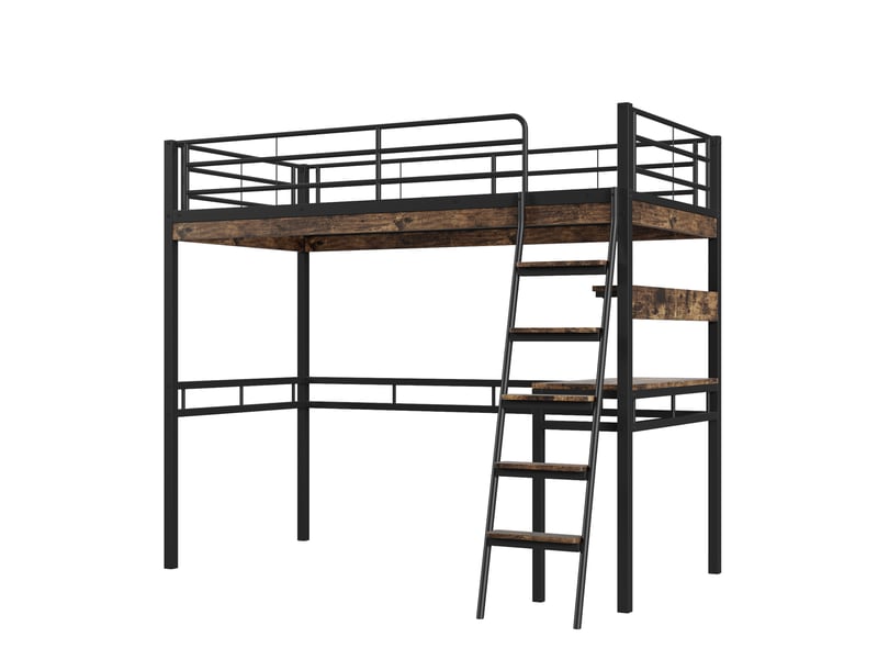 Lit mezzanine avec bureau, étagères, garde-corps et échelle, métal noir, 90x200 cm - Conforama E