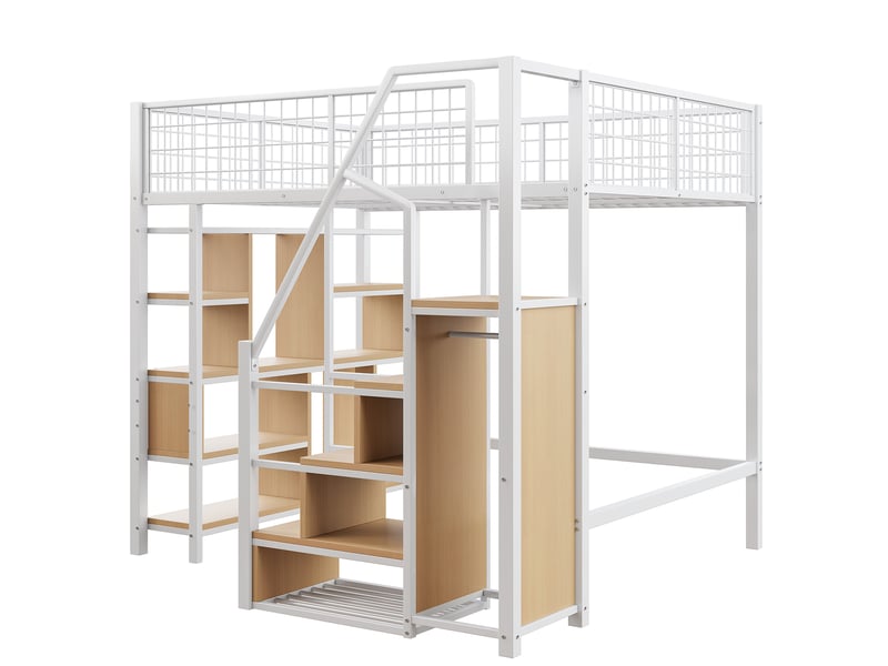 Lit mezzanine 140x200 cm en métal blanc, escalier, étagères et rangements multifonctions - Conforama D