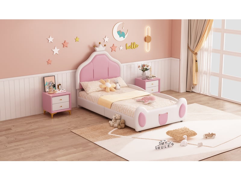  Lit enfant rembourré 90x200 cm avec tête de lit, lit simple avec sommier à lattes, lit 1 personne, blanc  - Conforama W