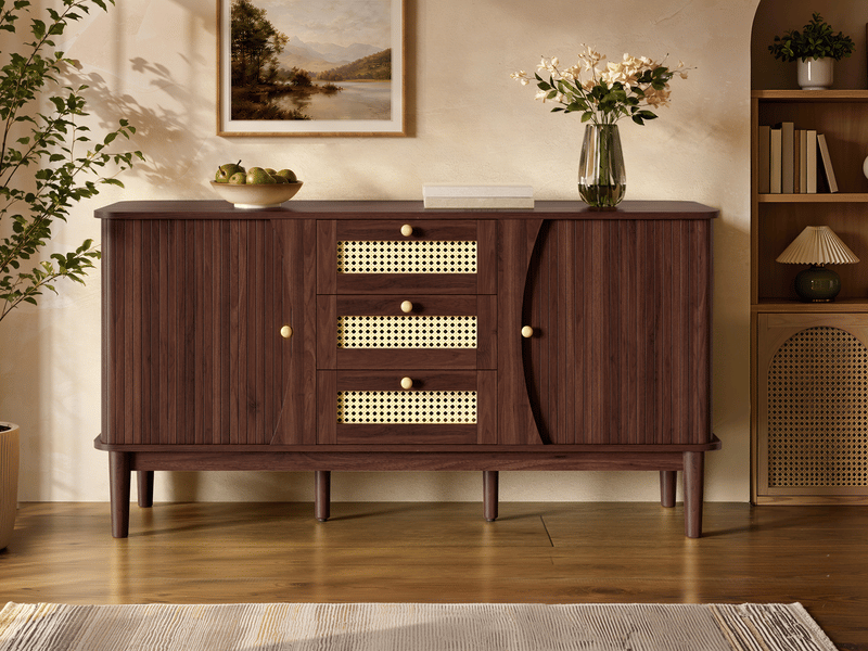 Buffet 141 cm effet noyer et cannage, 2 portes coulissantes, 3 tiroirs - Conforama B