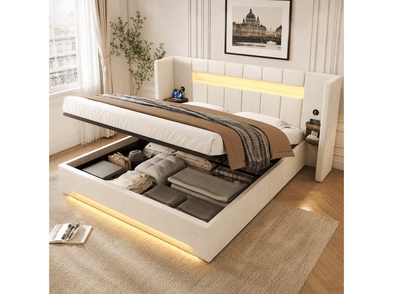  Lit coffre 160x200 cm, lit double, rangement hydraulique, armoire, led, port usb, velours beige  - Conforama A