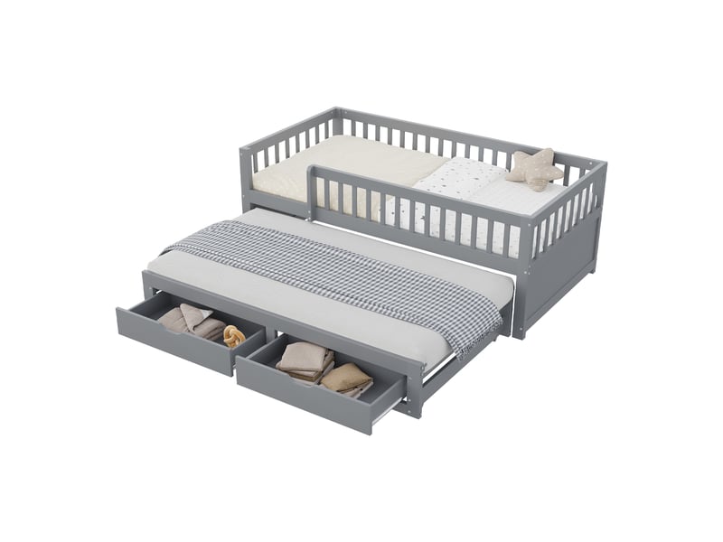  Lit convertible en bois massif 90*200 cm gris avec tiroir-lit, 2 tiroirs, sommier à lattes, sans matelas  - Conforama A