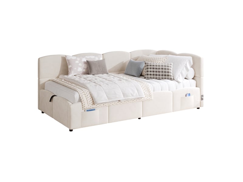  Modenvie lit banquette coffre 90x200 cm - rangement hydraulique, usb-a et usb-c, sans matelas - beige  - Conforama A