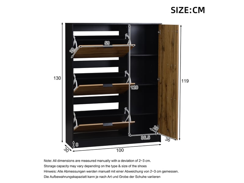  Meuble à chaussures - 100x30x130cm - 3 portes abattantes &amp; 1 placard avec étagères en mdf - bois &amp; noir  - Conforama E