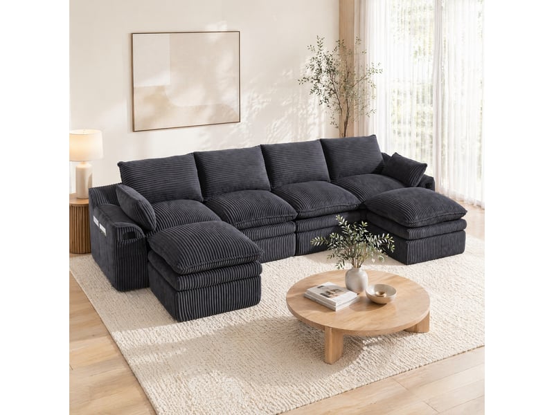  Canapé d’angle modulaire 4 places en velours côtelé gris foncé avec 2 poufs  - Conforama E