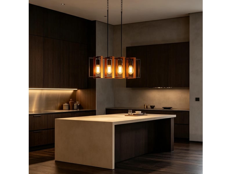  Suspension 4 lumières 80 x 21 cm – noir et bois noyer – hauteur réglable 90 à 130 cm, ampoules non incluses  - Conforama D