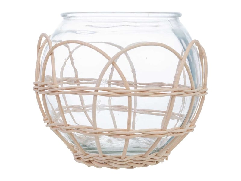  Bougeoir en verre doublé de rotin beige, diamètre 18 x hauteur 15,5 cm  - Conforama B